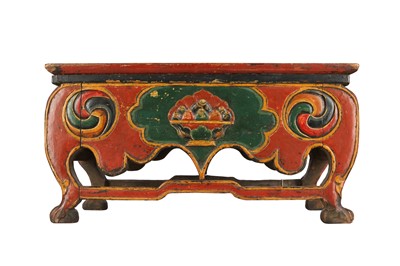 Lot 1093 - A TIBETAN POLYCHROMED WOOD ALTAR TABLE.