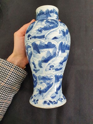 Lot 9 - A CHINESE BLUE AND WHITE BALUSTER 'LANDSCAPE' VASE.