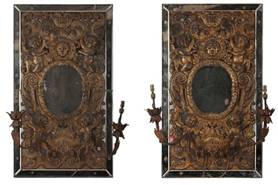 Lot 201 - A PAIR OF ITALIAN GILT METAL WALL SCONCES, 18TH CENTURY