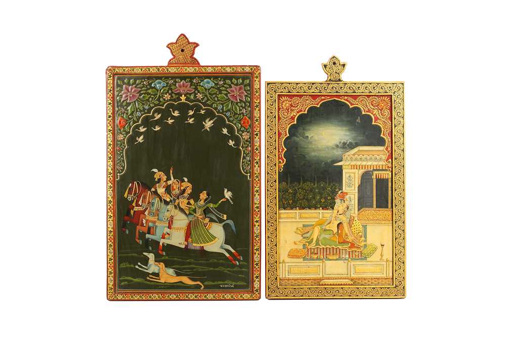 Lot 380 - TWO INDIAN POLYCHROME-PAINTED LACQUERED PANELS
