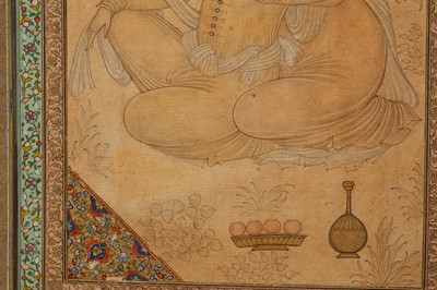 Lot 343 - AN ARCHAISTIC SAFAVID-REVIVAL TINTED DRAWING OF TWO LOVERS