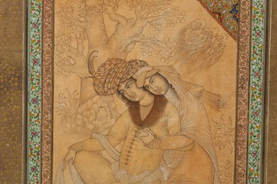 Lot 343 - AN ARCHAISTIC SAFAVID-REVIVAL TINTED DRAWING OF TWO LOVERS