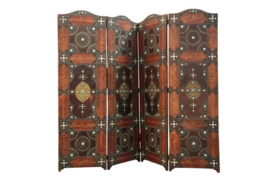 Lot 1047 - A LARGE FOUR-FOLD EMBOSSED AND TOOLED LEATHER SCREEN