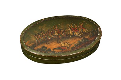 Lot 698 - A RUSSIAN LACQUERED LIDDED BOX WITH A BATTLE SCENE