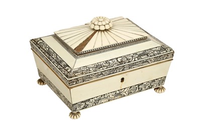 Lot 445 - λ AN ANGLO-INDIAN VIZAGAPATAM IVORY AND CARVED SANDALWOOD SEWING BOX