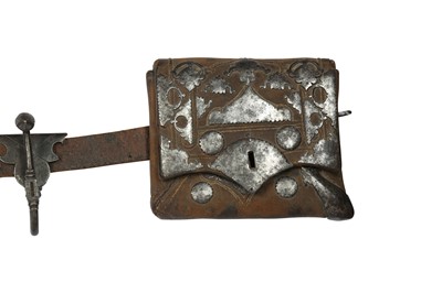 Lot 439 - A LEATHER AND STEEL WARRIOR BELT WITH STEEL HOOKS, GUNPOWDER FLASK, TOOLS CASE AND MATTOCK