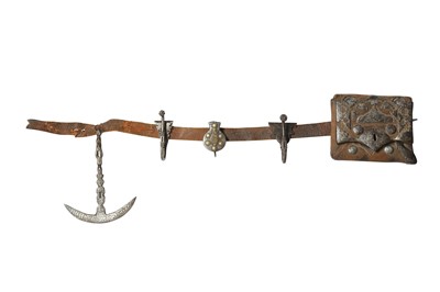 Lot 439 - A LEATHER AND STEEL WARRIOR BELT WITH STEEL HOOKS, GUNPOWDER FLASK, TOOLS CASE AND MATTOCK