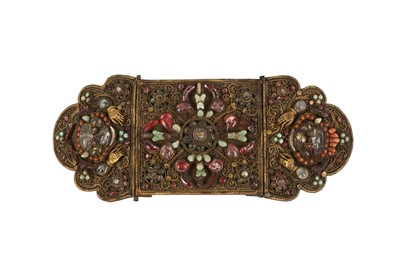 Lot 1088 - A NEPALESE GILT-BRONZE HARDSTONE AND CORAL-INSET NEWARI BELT HOOK.