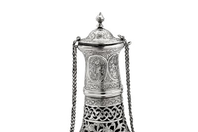 Lot 323 - An early 20th century Iranian (Persian) silver cased bottle, Isfahan circa 1900 mark of Ja’far