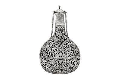 Lot 323 - An early 20th century Iranian (Persian) silver cased bottle, Isfahan circa 1900 mark of Ja’far