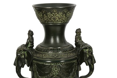 Lot 437 - A PAIR OF LARGE ORIENTALIST POTTERY VASES WITH BRONZE FINISH