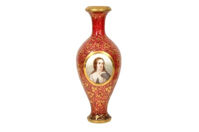 Lot 656 - A LARGE GILT RUBY RED GLASS VASE WITH A MINIATURE PORTRAIT ROUNDEL