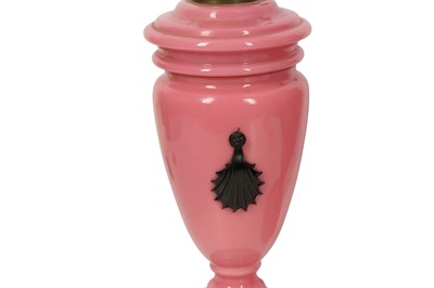 Lot 669 - A PAIR OF PINK OPALINE VASES CONVERTED INTO OIL LAMPS