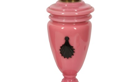 Lot 669 - A PAIR OF PINK OPALINE VASES CONVERTED INTO OIL LAMPS