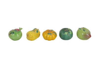 Lot 598 - A SET OF FIVE CHINESE GLAZED ALTAR FRUITS.