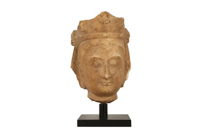 Lot 412 - A CHINESE WHITE MARBLE HEAD OF GUANYIN.