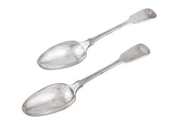 Lot 128 - A pair of mid-19th century Indian Colonial silver tablespoons, Calcutta circa 1840 by Pittar and Co (active 1825-48)