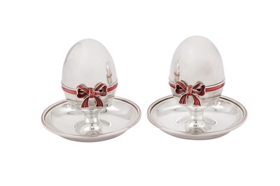 Lot 123 - A pair of late 20th century Italian sterling silver and guilloche enamel novelty egg cups, Milan circa 1990 by Messulam, retailed by Apsrey