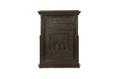 Lot 723 - AN ALHAMBRA-STYLE CAST-IRON AND WOOD STORAGE WALL CABINET