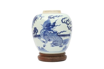 Lot 477 - A CHINESE BLUE AND WHITE 'QILIN' JAR.