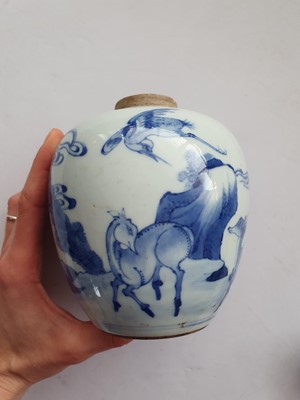 Lot 106 - A CHINESE BLUE AND WHITE 'DEER AND CRANE' JAR AND COVER.