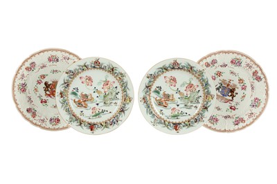 Lot 830 - TWO CHINESE FAMILLE ROSE 'LOTUS POND' DISHES TOGETHER WITH A PAIR OF SAMSON ARMORIAL DISHES.