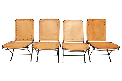 Lot 72 - A SET OF FOUR TAN LEATHER AND METAL FOLDING CHAIRS, MID 20TH CENTURY