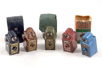 Lot 285 - Set of Five Coronet Midget Sub Miniature Bakelite Cameras.
