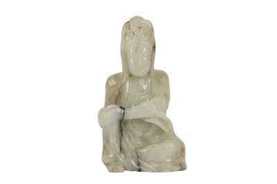 Lot 369 - A CHINESE PALE CELADON JADE FIGURE OF GUANYIN.