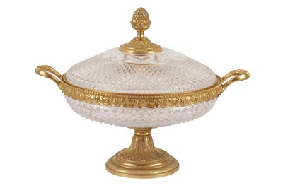 Lot 64 - A FRENCH GILT BRONZE AND CUT GLASS PEDESTAL DISH AND COVER, IN THE LOUIS XII STYLE, 20TH CENTURY