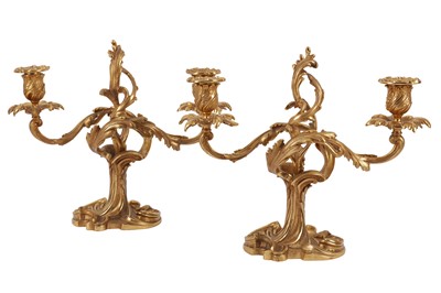 Lot 207 - A PAIR OF FRENCH GILT BRONZE TWO LIGHT CANDELABRA, IN THE LOUIS XV STYLE, MID/LATE 20TH CENTURY