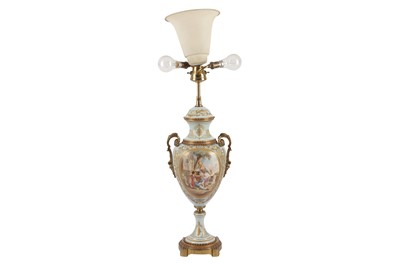 Lot 202 - A FRENCH GILT METAL AND SEVRES STYLE PORCELAIN URN, 20TH CENTURY