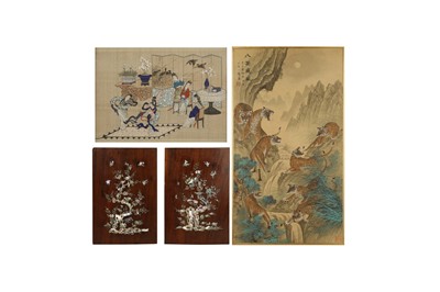 Lot 983 - TWO CHINESE PAINTINGS AND A PAIR OF INLAID WOOD PANELS.