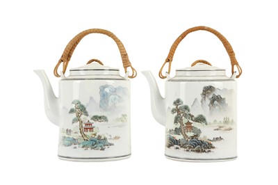 Lot 619 - A PAIR OF CHINESE FAMILLE ROSE TEAPOTS.