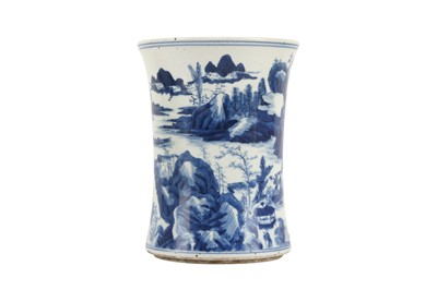 Lot 475 - A CHINESE BLUE AND WHITE 'LANDSCAPE' BRUSH POT.