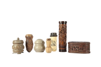 Lot 809 - A COLLECTION OF SIX CRICKET CAGES AND A CHINESE BAMBOO INCENSE HOLDER.