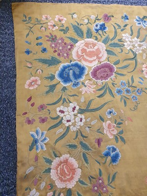 Lot 379 - A VERY LARGE CHINESE YELLOW-GROUND FIGURATIVE EMBROIDERED SILK PANEL.