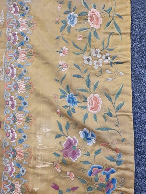 Lot 379 - A VERY LARGE CHINESE YELLOW-GROUND FIGURATIVE EMBROIDERED SILK PANEL.