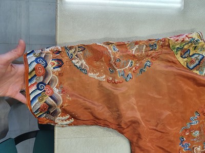 Lot 290 - A CHINESE IMPERIAL APRICOT-YELLOW 'NINE DRAGON' ROBE.