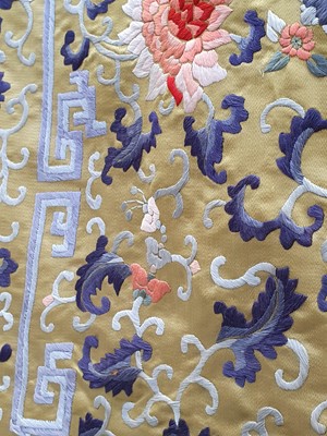 Lot 380 - A CHINESE EMBROIDERED YELLOW-GROUND SILK 'LOTUS' PANEL.