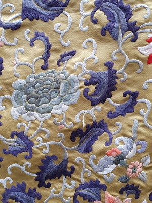 Lot 380 - A CHINESE EMBROIDERED YELLOW-GROUND SILK 'LOTUS' PANEL.