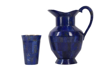 Lot 345 - A LAPIS VENEERED AND BRASS MOUNTED JUG AND CUP SET
