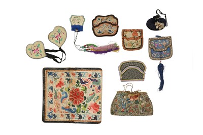 Lot 741 - TWO SMALL CHINESE EMBROIDERED PURSES AND SEVEN SMALL POUCHES.