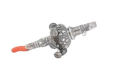 Lot 60 - A William IV sterling silver and coral babies rattle, London 1832 by Charles Reily & George Storer