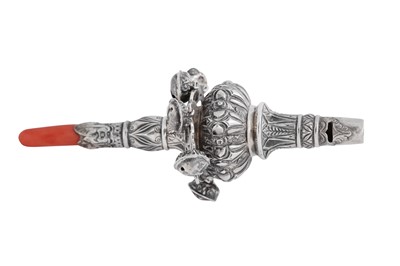 Lot 60 - A William IV sterling silver and coral babies rattle, London 1832 by Charles Reily & George Storer