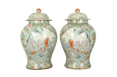 Lot 146 - A PAIR OF FAMILLE ROSE MILLEFLEUR VASES AND COVERS.