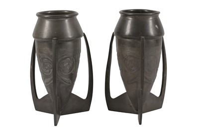 Lot 4 - ARCHIBALD KNOX (BRITISH 1864-1933) FOR LIBERTY & CO, A PAIR OF TUDRIC PEWTER TORPEDO VASES