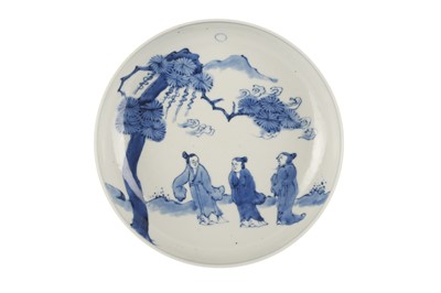 Lot 737 - A CHINESE BLUE AND WHITE FIGURATIVE DISH.