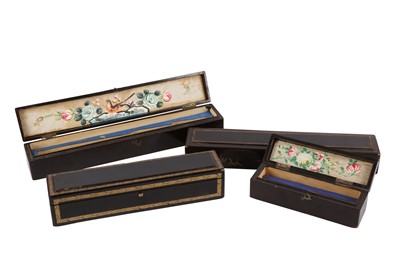 Lot 912 - FOUR CHINESE BLACK LACQUER GILT-DECORATED FAN BOXES.