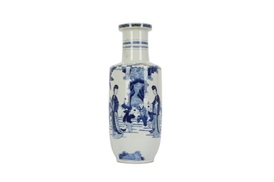 Lot 1068 - A CHINESE BLUE AND WHITE 'LADIES AND BOYS' ROULEAU VASE.